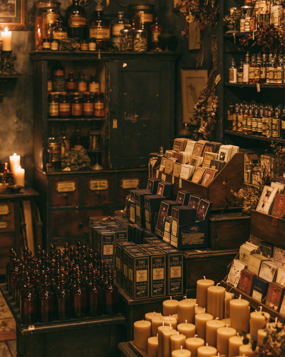 Apothecary corner with jars and brass