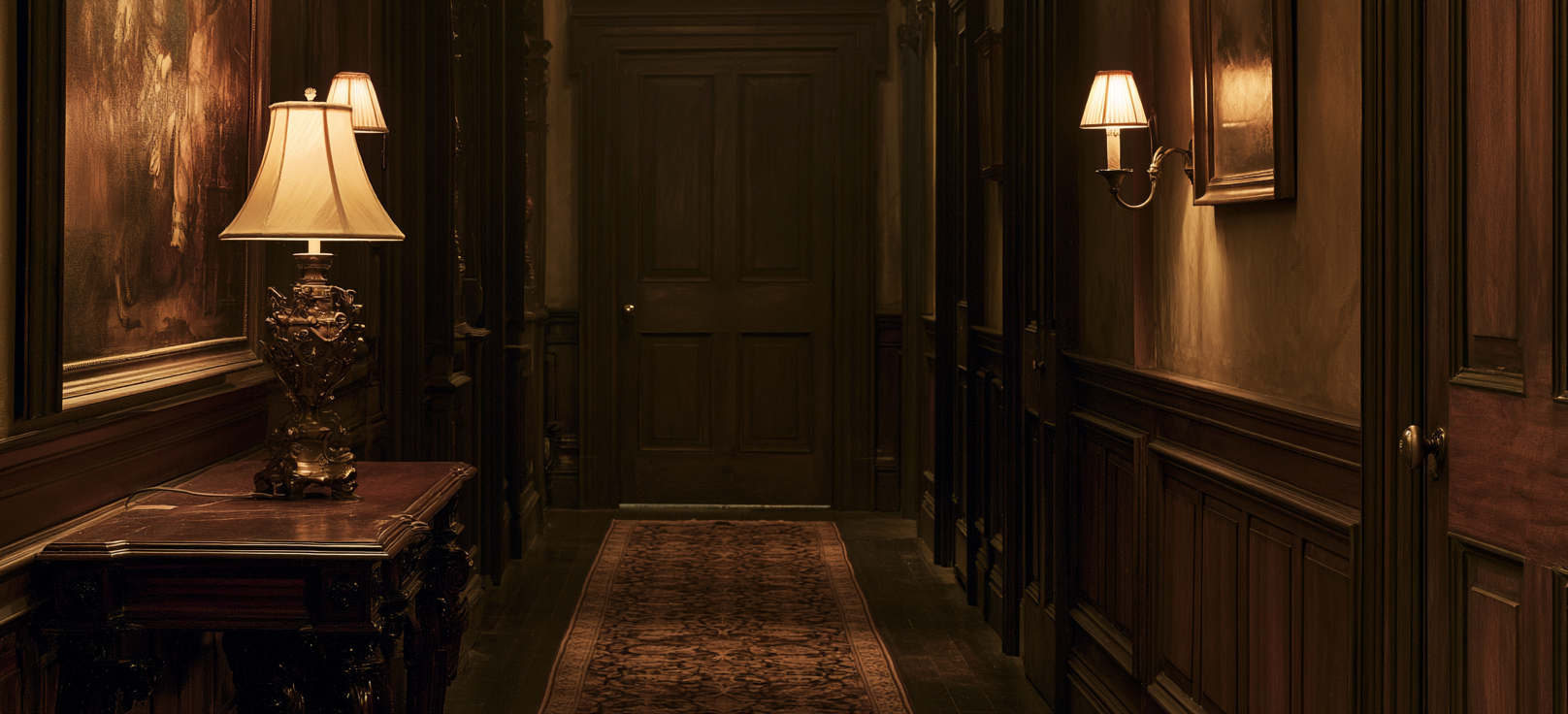 Inn hallway in warm lamplight