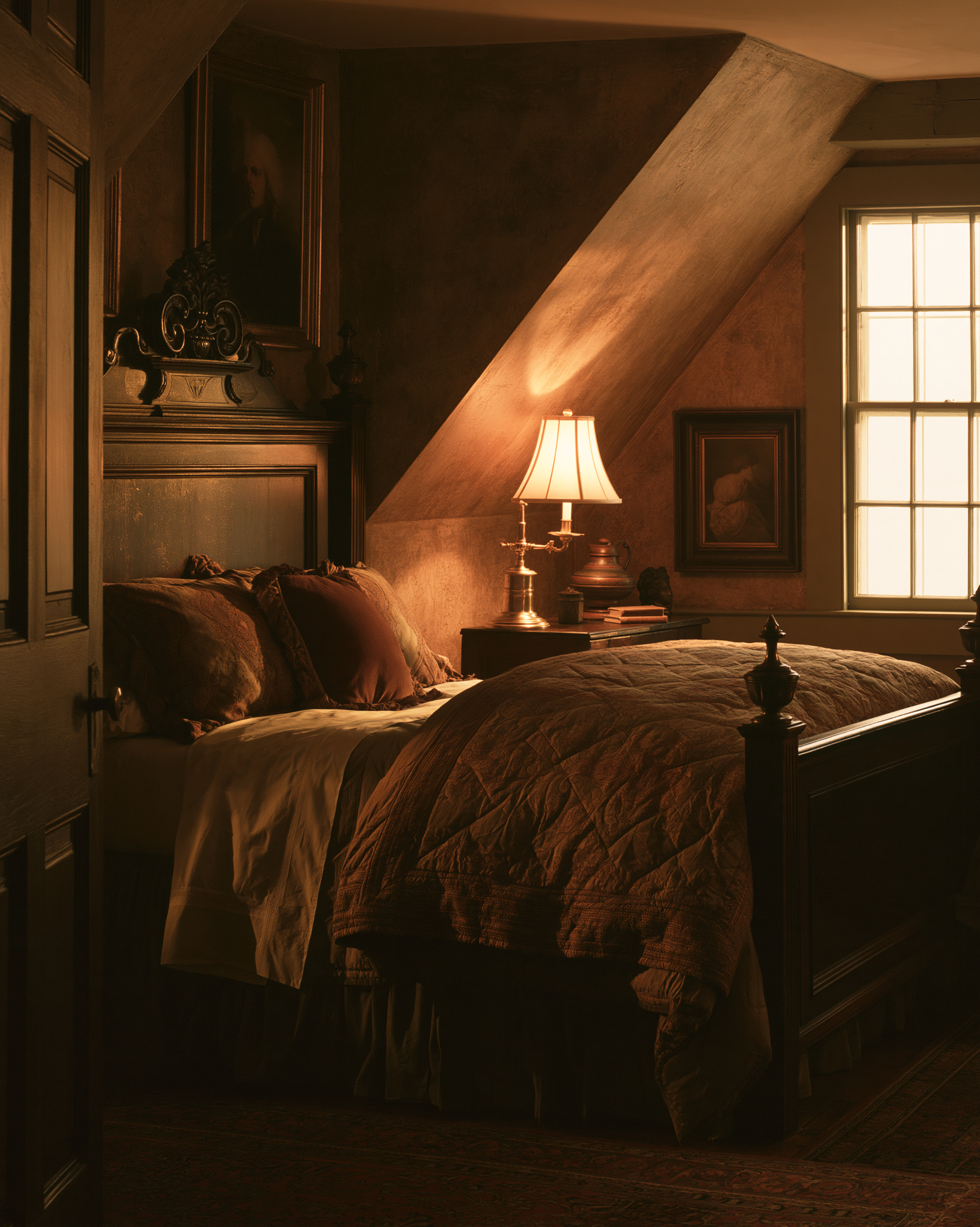Inn room with warm lamplight