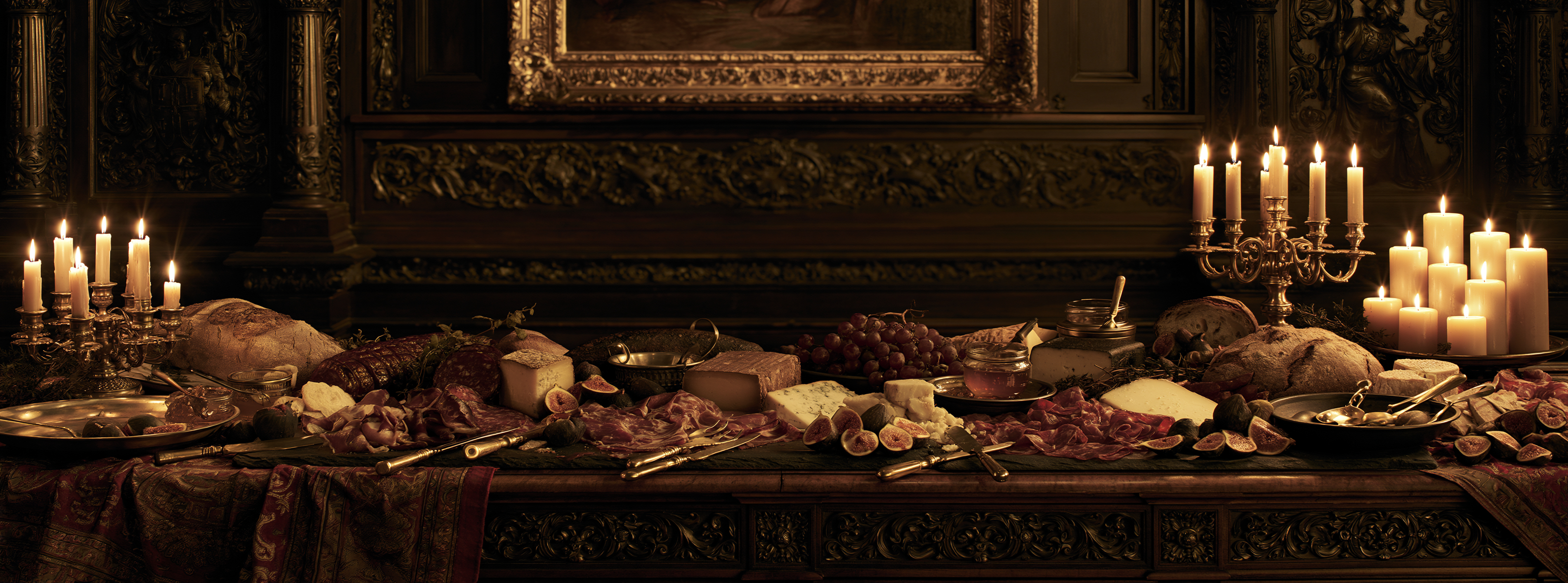 Charcuterie spread by candlelight