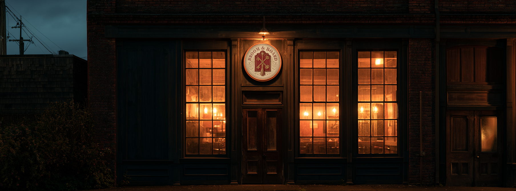 Broom and Board storefront at dusk