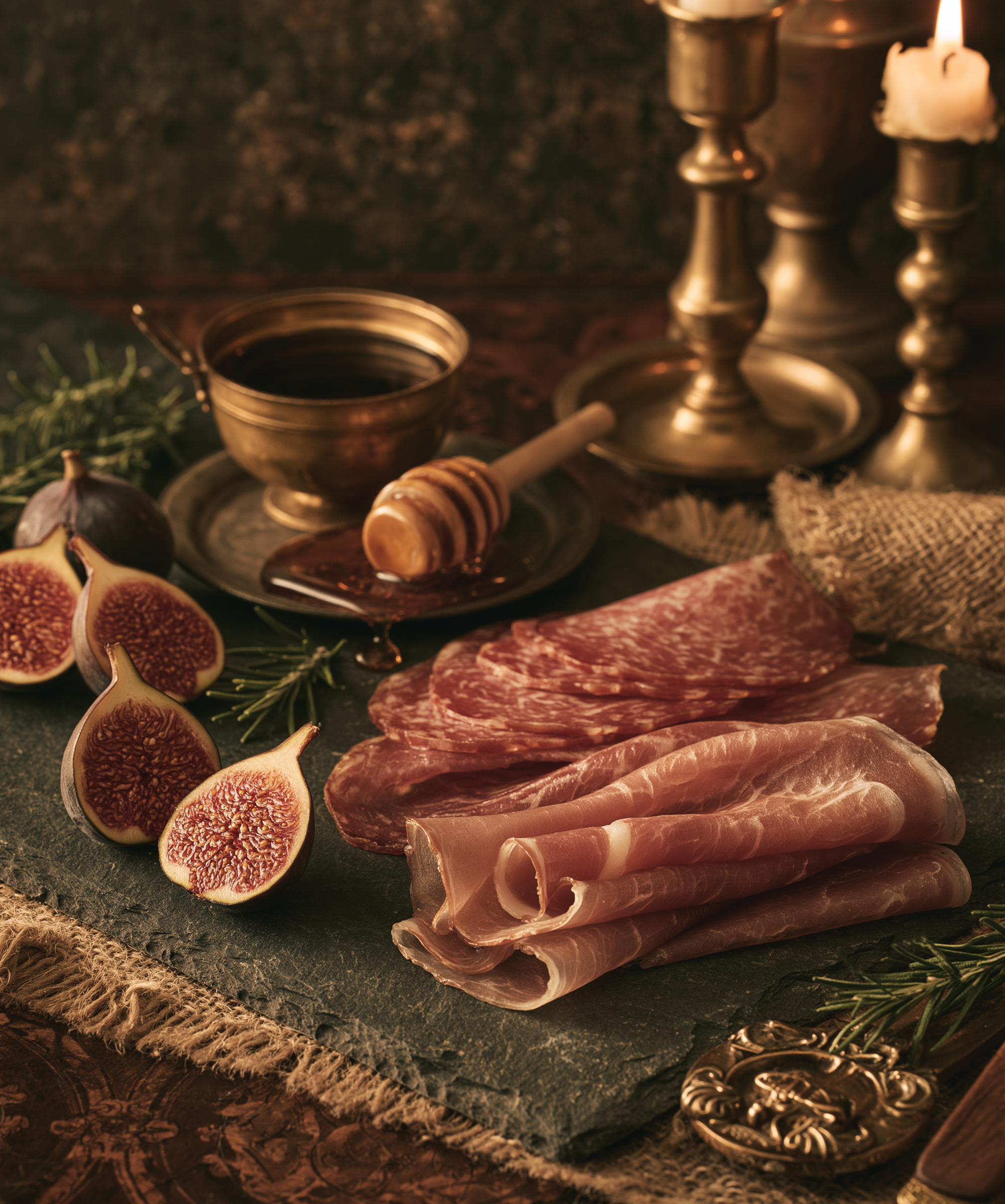Cured meats, figs and honey by candlelight